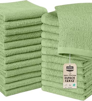 Utopia Towels 24 Pack Cotton Washcloths Set, 100% Ring Spun Cotton, Premium Quality Flannel Face Cloths, Highly Absorbent and Soft Feel Fingertip Towels, Sage Green
