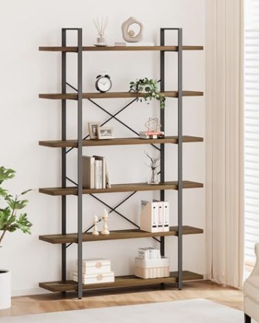 HSH Tall Bookcases and Book Shelves 6 Shelf, Metal Wooden Book Shelf and Storage Rack, Modern Etagere 6 Tier Bookshelf, Farmhouse Large Display Bookshelves for Bedroom Living Room Office, Rustic Oak