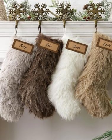 Personalized Christmas Stockings, 4 Pcs 18 Inch Neutral Luxury Thick Plush Faux Fur Stocking, Neutral Colors of White Brown Grey, Christmas Home Décor Xmas Party Christmas Decorations Winter Gifts