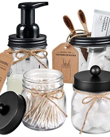 Amolliar Mason Jar Bathroom Accessories Set 4 Pack - Foaming Soap Dispenser&2 Qtip Holders&Toothbrush Holder-Rustic Farmhouse Decor Bathroom Organizer Apothecary Jar Country Countertop (Black)