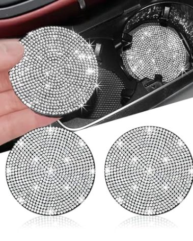 NBTEPEM 2pcs Bling Car Cup Holder Coaster, 2.75 inch Anti-Slip Shockproof Universal Fashion Coasters Insert Crystal Rhinestone Automotive Interior Accessories for Women (2 pcs, White)