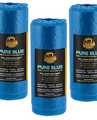 Dura-Gold 72" x 59' Pure Blue Pre-Folded Masking Film, (3 Pack) Painters Plastic Roll (0.4 Mil), Pull Down Drop Sheet, Pre-Folded Plastic Sheeting for Painting Protection on Auto, Walls, Furniture