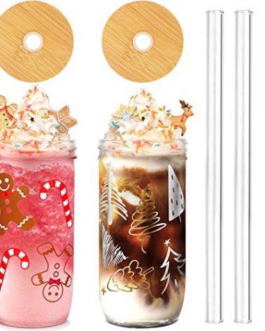 ANOTION Christmas Cups - 24oz Colored Mason Jars with Lid and Straw - Coffee Mugs and Tumbler - Xmas Decorations and Gifts