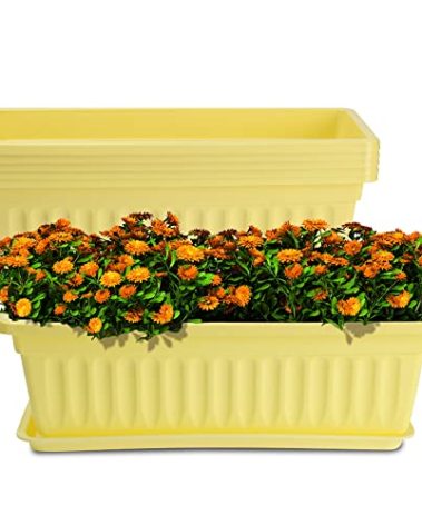 HOXHA 6 Pack Window Box Planter, 17 inches Plastic Vegetable Flower Planter Boxes with Tray, Rectangular Indoor and Outdoor Flower Pots for Windowsill, Patio, Porch, Garden Balcony