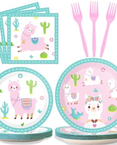 ZOIIWA 96 Pcs Llama Birthday Party Supplies for 24 Guests Alpaca Llama Birthday Plates Napkins Tableware Party Decorations Mexican Cactus Dinnerware Favor for Kids Girls Baby Showers