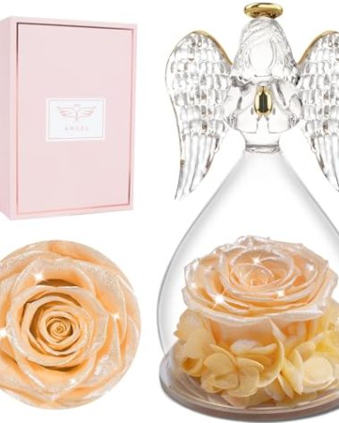 Miofula Preserved Flower Rose Birthday Gifts for Mom, Angels Figurines with Forever Real Rose Gifts for Women Mom Grandma, Angels Gifts for Valentines Anniversary Mothers Day (Pearlescent Champagne)