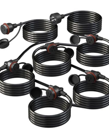 50FT Black Outdoor Extension Cord, Evenly Spaced 6 Outlets Plugs with Waterproof Cover, 16/3 SJTW Weatherproof Multiple Outlets Wire for Holiday Light and Halloween Christmas Decoration, ETL Listed