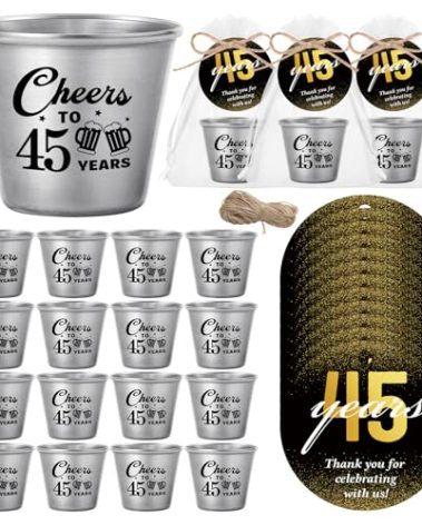 Skybooly 50 Set 45th Birthday Party Favors for Guests Souvenir Shot Glasses Cheers to 45 Year Stainless Steel Shot Glasses Thank You Tag Organza Bag Twine Birthday Gift for Anniversary Wedding Shower