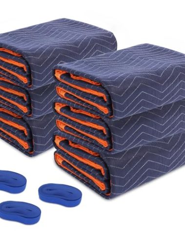 YMTLJHDSY 6 Moving Blankets 72x80in with 3 Elastic Rubber Band (196in Extendable to 400in) – Durable Quilted Moving Blanket-Heavy Duty Shipping Blankets (Total Weight 26.4 lbs,Black/Blue)