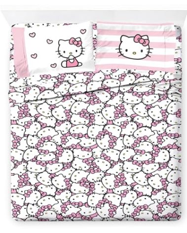 Jay Franco Sheet Set with Fitted, Flat Sheets & Pillow Cover - Ultra-Soft Bedding with Pillowcase for Room Decor, Multi - Hello Kitty, 4 Piece Full
