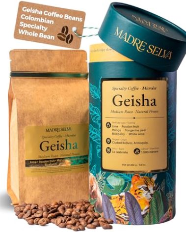 Colombian Geisha Coffee Whole Bean Medium Roast Arabica Gourmet Fresh Single Origin Premium Low Acid Exotic Notes Rich Aroma Smooth Flavor Quality High Altitude Giftable Pack Freshness Lock 8.8oz 250g