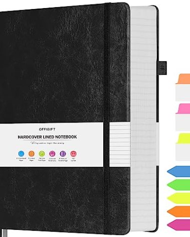 OFFIGIFT College Ruled Notebook, Large A4 Hardcover Leather Journal, 312 Numbered Pages Writing Journal, 100gsm No Bleed Paper, Lined Journal Notebook for Women Men School Office, 8.5''×11'', Black