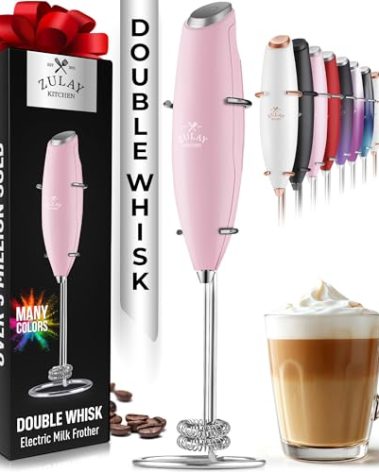 Zulay Kitchen Powerful Double Whisk Milk Frother Handheld - Foam Maker With Stand - Whisk Drink Mixer for Coffee, Mini Foamer for Latte, Matcha, Frappe, Hot Chocolate & Cappuccino - Pink