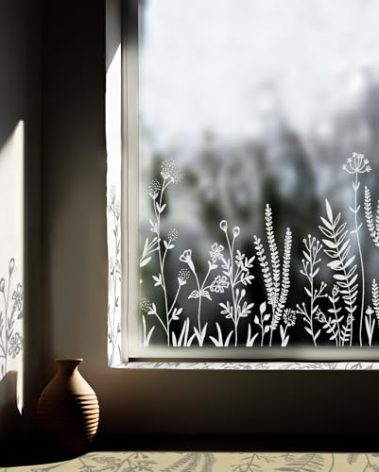 ChicSkin Pure White Window Border Film Floral, Removable See Through Static Cling for Glass Window Decor, Living Room, Meadow Flowers and Herb Stickers 59.06"X15.35"