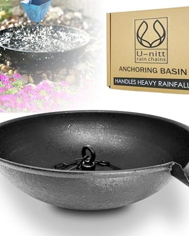 U-nitt 12" Spill Bowl Downspout Catch Basin for Rain Chain Anchoring & Stake | Rainwater Collection for Roof |Gutter Catch Basin | Good for Water Fountain & Birdbath | Black | Handles Heavy Rain