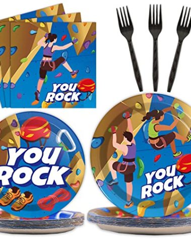96 Pcs Rock Climbing Party Plates and Napkins Supplies Tableware Disposable Camping Party Dinner Dessert Plates for Rock Climbing Camping Adventure Table decorations, 24 Guests