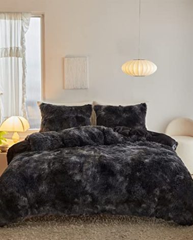 Jameswish Shaggy Plush Duvet Cover Set Super Soft Fluffy Faux Fur Comforter Cover Set Luxury Fuzzy Bedding Set 3 Piece(1Duvet Cover+2Pillowcases) with Zipper Clusure(Black Ombre,Full Size)
