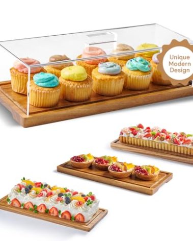 HOMESPHERE Cake Display with Lid – Acacia Wood Dessert Stand & Wooden Charcuterie Board with Lid for Loaf Cakes, Bread, Pastries, Cheese, Large Rectangle Wood Tray Platter & Acrylic Cover, 15 x 6.25”