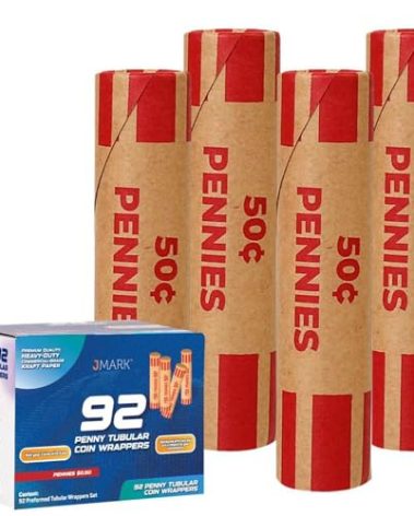 J Mark Burst Resistant Preformed Penny Coin Roll Wrappers, 92-Count Heavy Duty Penny Wrappers for Coins Cartridge-Style Coin Roller Tubes, Includes J Mark Coin Deposit Slip