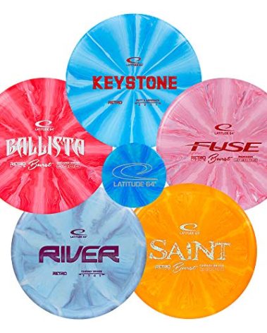 Latitude 64 Retro Burst Disc Golf Discs Set (5-Pack) - Perfect for New to Intermediate Players | Includes Keystone, Fuse, River, Saint, Ballista + Mini | Grippy Base Plastic | Colors May Vary