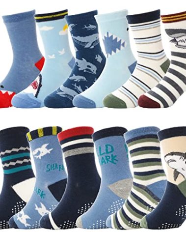 ANTSANG Baby Boys Grips Socks Kids Toddlers Infants Non Slip/Anti Skid Crew Cotton Socks 12 Pairs (Boy's-Shark(12 Pairs),9-14 Y)