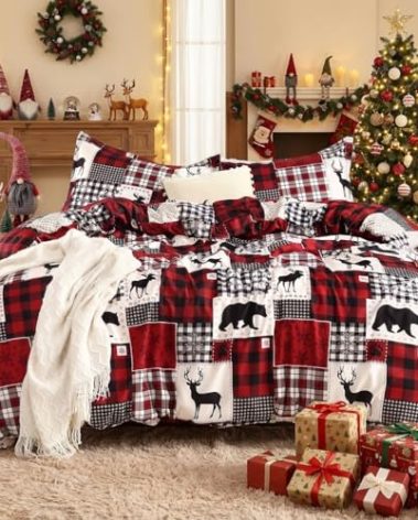 STARBEDIA Christmas Duvet Cover King, Soft Brushed Microfiber Comforter Cover Sets, Reindeer Printed Holiday Theme Bedroom Decorative Bedding (King Size, Christmas Plaid Deer)