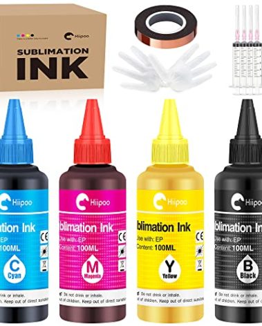 Hiipoo Sublimation Ink Refilled Bottles with Heat Tape Refill for ET2400 XP4105 XP4100 ET2720 ET2760 ET2750 ET4800 ET-2800 ET-2803 ET-2850 Inkjet Printers Heat Press Transfer on Mugs T-Shirts(BCMY)