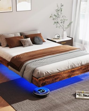 Floating Bed Frame Queen with LED Lights, Metal Platform Queen size Floating Bed Frame with Under Bed Storage, Heavy Duty Steel Slats Support, No Box Spring Needed, Noise Free, Easy Assembly, Brown