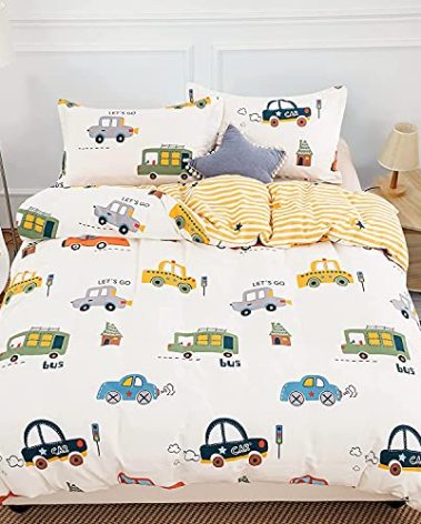 DJY Cars Kids Duvet Cover Set Full Size, 3 Pieces 100% Cotton Kids Bedding Set for Boys Girls, Reversible Yellow Stripes Comforter Cover Set (1 Duvet Cover+2 Pillowcases)