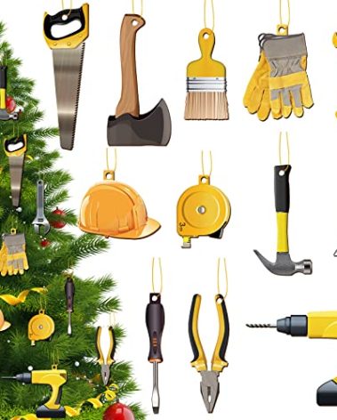 Lauwell 60 Pcs Construction Christmas Tree Ornament Handyman Tool Wooden Christmas Hanging Decoration Wood Axe Pliers Hammer Hard Hat Ornament Holiday Decorations for Welder Lineman Xmas Party Decor