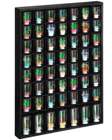 Barydat Shot Glass Display Case Wood Shot Glass shelf holder 56 Compartments Wall-mounted Rustic Bar Cabinet(Black,1 Pcs)