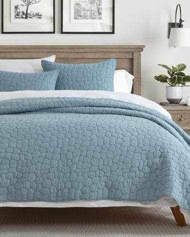 HORIMOTE HOME 100% Cotton Quilt Set King Size, Dusty Blue Pre-Washed Bedspreads Coverlet Set with Cobblestone Pattern, Cozy Lightweight Stitching Decorative Bedding Cover for All Seasons