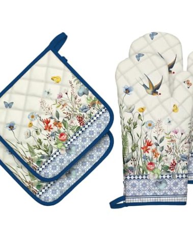 Arquiel Retro Wildflowers Oven Mitts and Pot Holders Sets 4Pcs, 100% Cotton Heat Resistant, Extra Long Oven Gloves Potholder for Kitchen Cooking Baking Housewarming