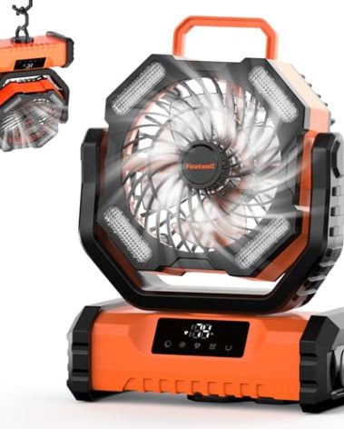 Featwell 20000mAh Portable Fan with Touch Screen, 5-Speed Strong Airflow LED Camping Fan, Ventilador Recargable with Remote for Tent, Camping, Indoor, Travel (Orange)