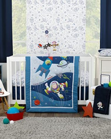 Disney Toy Story Outta This World Blue and Gray 3 Piece Nursery Crib Bedding Set - Comforter, Fitted Crib Sheet, and Crib Skirt