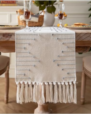 Boho Table Runner 13 x 60 Inch Long Natural Cotton Woven Runner with Tassels for Home Dining Table décor, for Modern Farmhouse Decor Coffee Table Runner, Grey and Beige