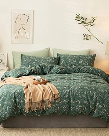 HighBuy Jersey Knit Cotton Duvet Cover Queen Green Floral 100% T-Shirt Cotton Comfy Bedding Set Super Soft Garden Chic Comforter Cover Queen Size