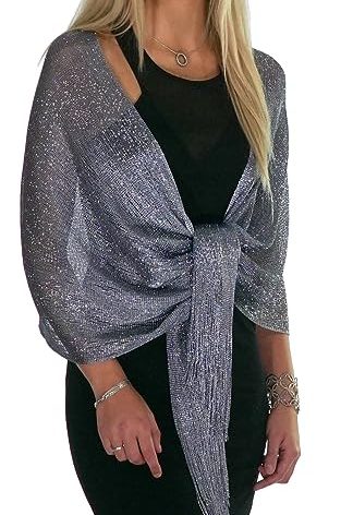 Shawls and Wraps for Evening Dresses, Wedding Shawl Wrap Fringes Scarf for Women Metallic Grey Silver Petal Rose