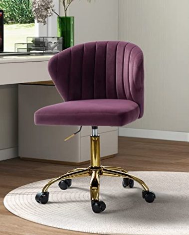 TINA'S HOME Office Desk Chairs with Wheels & Gold Base, Modern Velvet Cute Armless Office Chair, Adjustable Low Back Swivel Rolling Chair, Upholstered Task Chair for Living Room Vanity Study-Purple