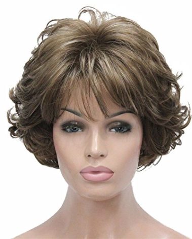 Aimole Short Curly Synthetic Wigs Full Capless Hair Women's Thick Wig for Everyday 12TT26 (Light Reddish Golden Brown with Bright Golden Blonde Highlighted)