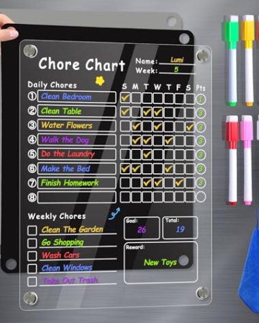 Acrylic Magnetic Chore Chart for Kids, Chore Board, Dry Erase Chore Chart, 12"x9.5" Transparent Erasable Reward Chart for Teens and Adults Chore Checklist with 6 Markers and Towel