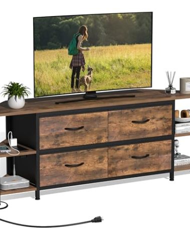 EXOTICA Corner TV Stands for Living Room with 4 Drawers and Power Outlet Industrial Corner Entertainment Centers for TVs up to 55 Inches Farmhouse Corner Console Table with 4 Open Storage for Bedroom