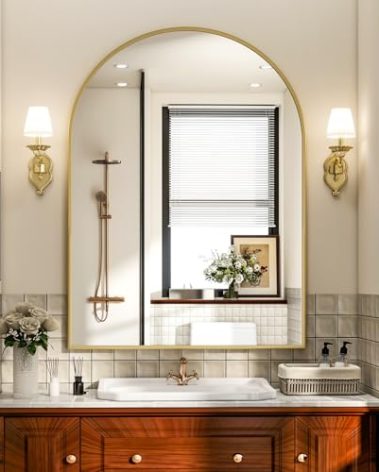 Arch Bathroom Mirror, 24x36 Inch - Wall Mounted Vanity Mirror with Aluminum Alloy Frame - Ideal for Living Room, Bedroom, Bathroom, and Entryway, Hanging or Leaning, Gold