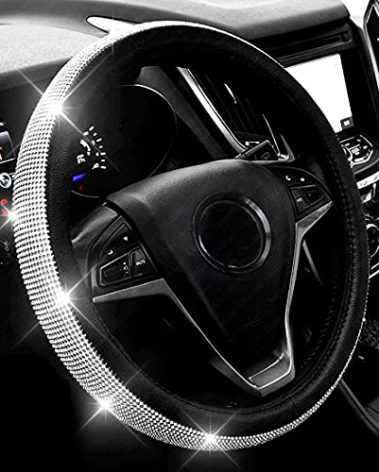 Diamond Leather Steering Wheel Cover with Bling Bling Crystal Rhinestones,Large-Size of 15 1/2 inches-16 inches Black