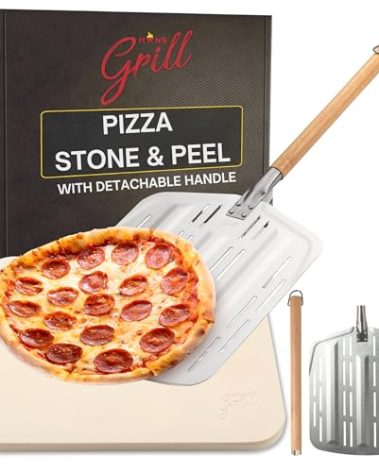 Hans Grill Pizza Stone PRO XL Baking Stone For Pizzas use in Oven, Grill or BBQ FREE Long Handled Anodised Aluminium Pizza Peel | Rectangular Stone 15 x 12" Inches | For Pies, Pastry, Bread, Calzone