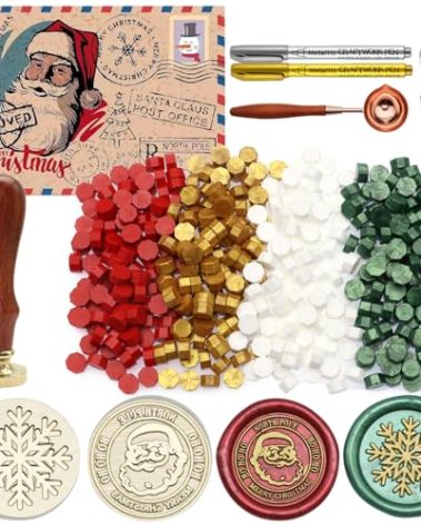 Christmas Wax Seal Kit, 2pcs Santa Claus & Snowflake Wax Seal Stamp Kit with White/Gold/Red/Green WaxSealing Beads 400pcs, Spoon, Metallic Pens, Christmas Card for Letter Sealing, Gift Décor