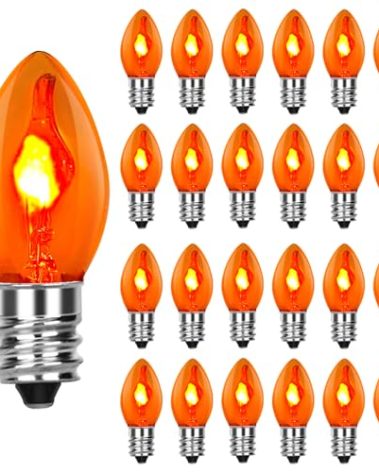 Doratale Flicker Flame Light Bulbs C7 Orange Flame Shape Candelabra Bulbs Fits Christmas String Lights, Xtmas Candelabra Lights, Chandelier, E12 Candelabra Base Replacement Bulbs, 120 Volt, 25 Pack