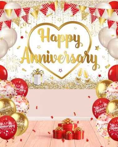 Red Gold Anniversary Party Decorations Happy Anniversary Banner Backdrop and 18Pcs Red Gold Happy Anniversary Balloons Anniversary Party Photography Background for Wedding Anniversary Party Supplies
