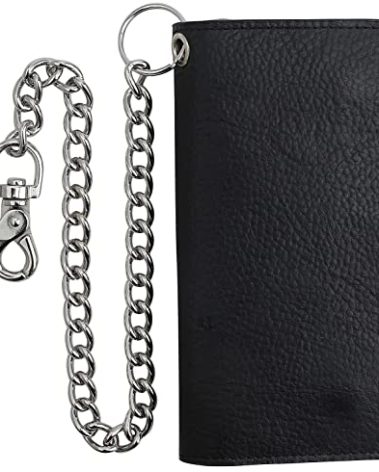 F&L CLASSIC RFID Blocking Mens Tri-fold Long Style Cowhide Leather Steel Chain Wallet,Black