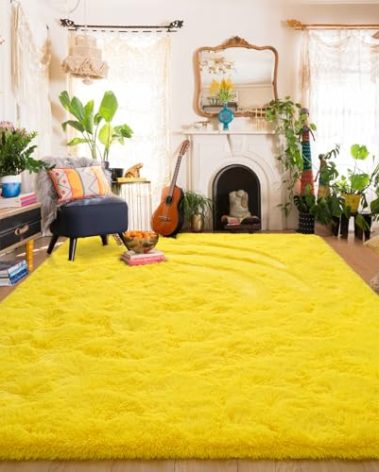 Amearea Shag Fluffy Area Rug for Bedroom Girls Living Room, Extra Soft and Fuzzy Shaggy Rugs, Non Slip, Solid Color Carpet Mat for Boys Nursery Home, Yellow 6x9 Feet